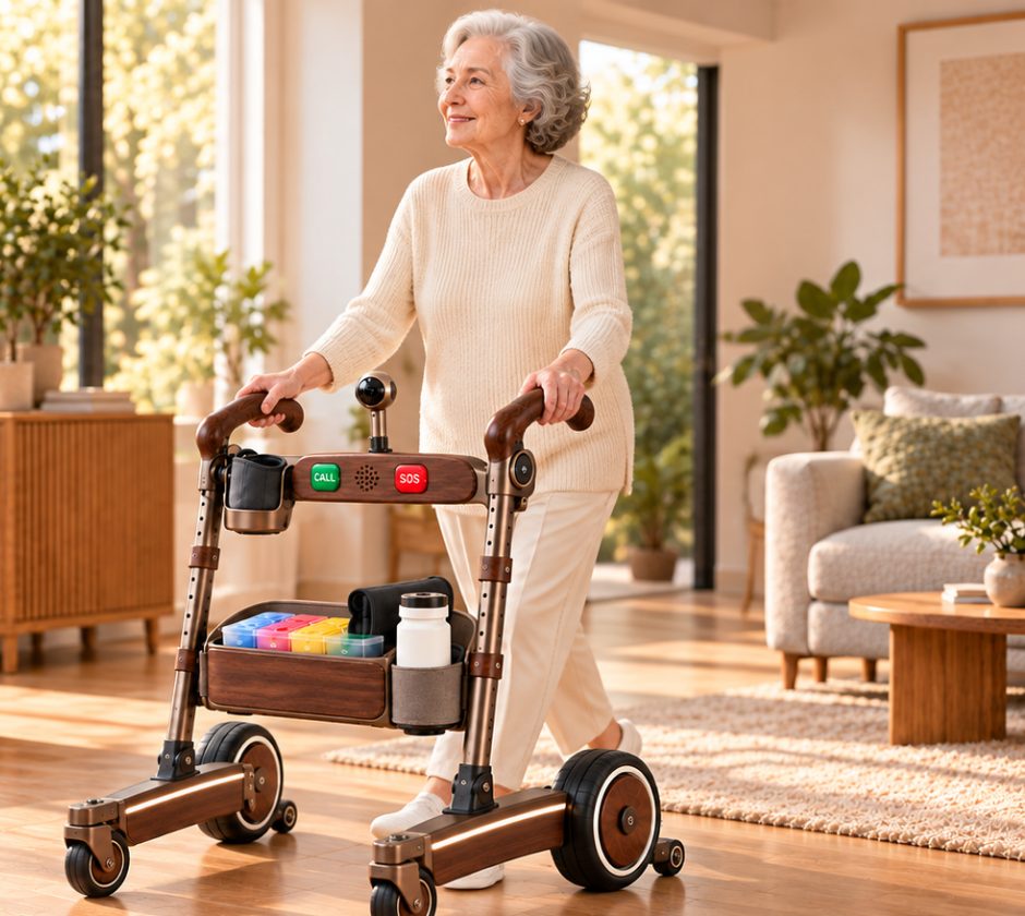 AI concept art of the Aiala walker with CALL and SOS buttons, an older woman walking with it in a living room